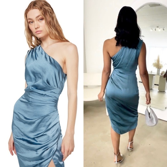 *NWT ELLIATT 70s Satin Sleeveless 1 Shoulder Ruched Faux Wrap Asymmetric Dress M - Picture 13 of 16